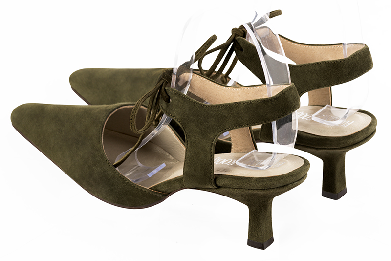 Khaki green women's open back shoes, with an instep strap. Tapered toe. Medium spool heels. Rear view - Florence KOOIJMAN
